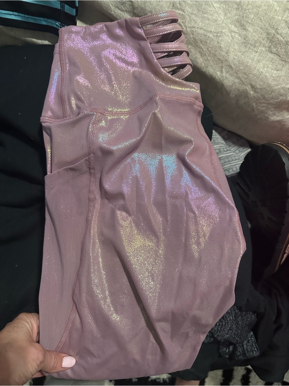 Electric Yoga Iridescent Dusty Rose Leggings with Strappy Waist